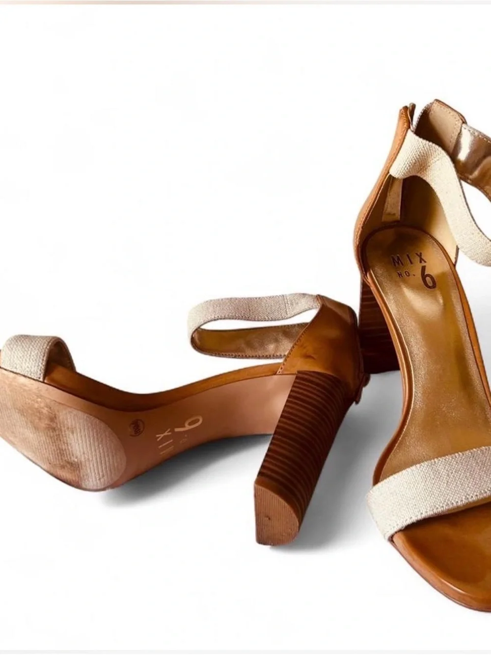 Mix No. 6 Tan faux Leather and Cream Fabric Block Heel Sandals
